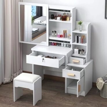 Modern Dressing Table with Sliding Mirror & Stool (80cm)