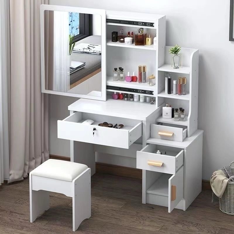 Modern Dressing Table with Sliding Mirror & Stool (80cm)