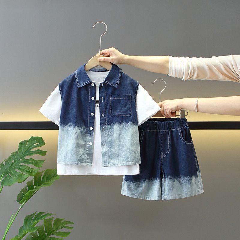 Boys Denim 3-Piece Casual Set (Shirt, Vest & Shorts)
