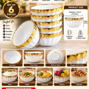 Gold-Rimmed Ceramic Bowl Set, 6-Inch (6 Pieces)