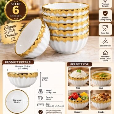 Gold-Rimmed Ceramic Bowl Set (6 Pieces)