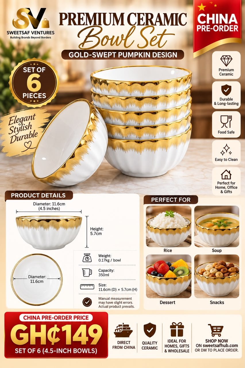 Gold-Rimmed Ceramic Bowl Set (6 Pieces)