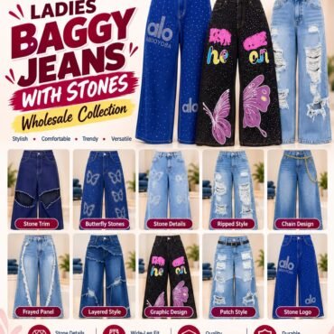 Ladies Baggy Jeans with Stones (Bundle of 10, Mixed Designs & Sizes)