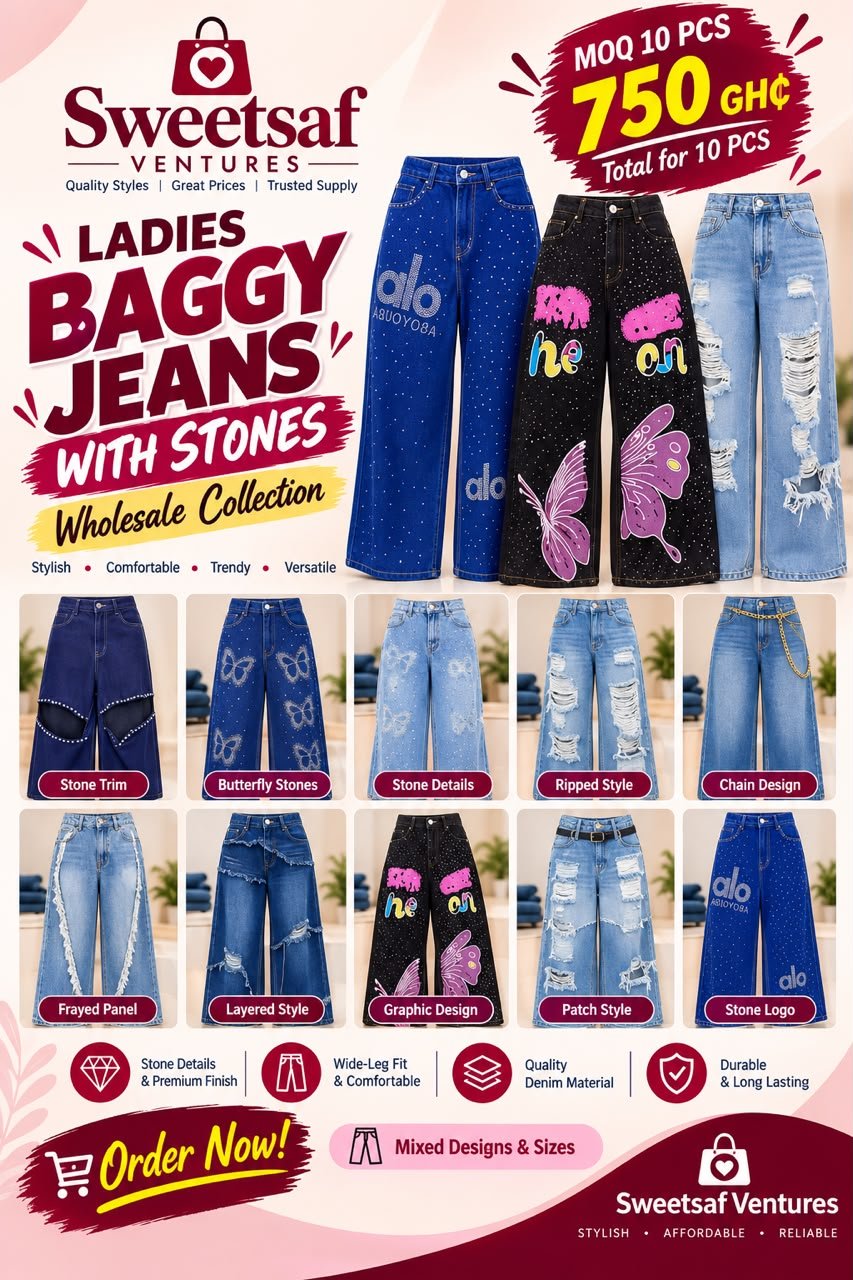 Ladies Baggy Jeans with Stones (Bundle of 10, Mixed Designs & Sizes)