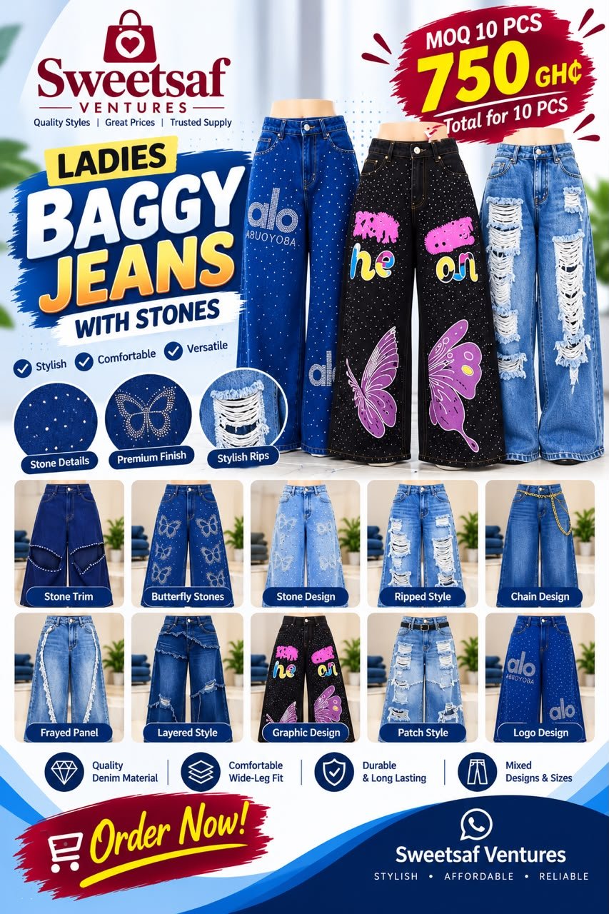 Ladies Baggy Jeans with Stones (Bundle of 10, Mixed Designs & Sizes) - Image 3